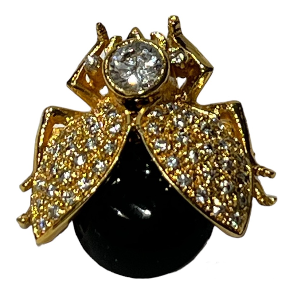 Seta Bug Pin/Brooch Black Cabochon Stone, Gold Tone with Clear Rhinestone